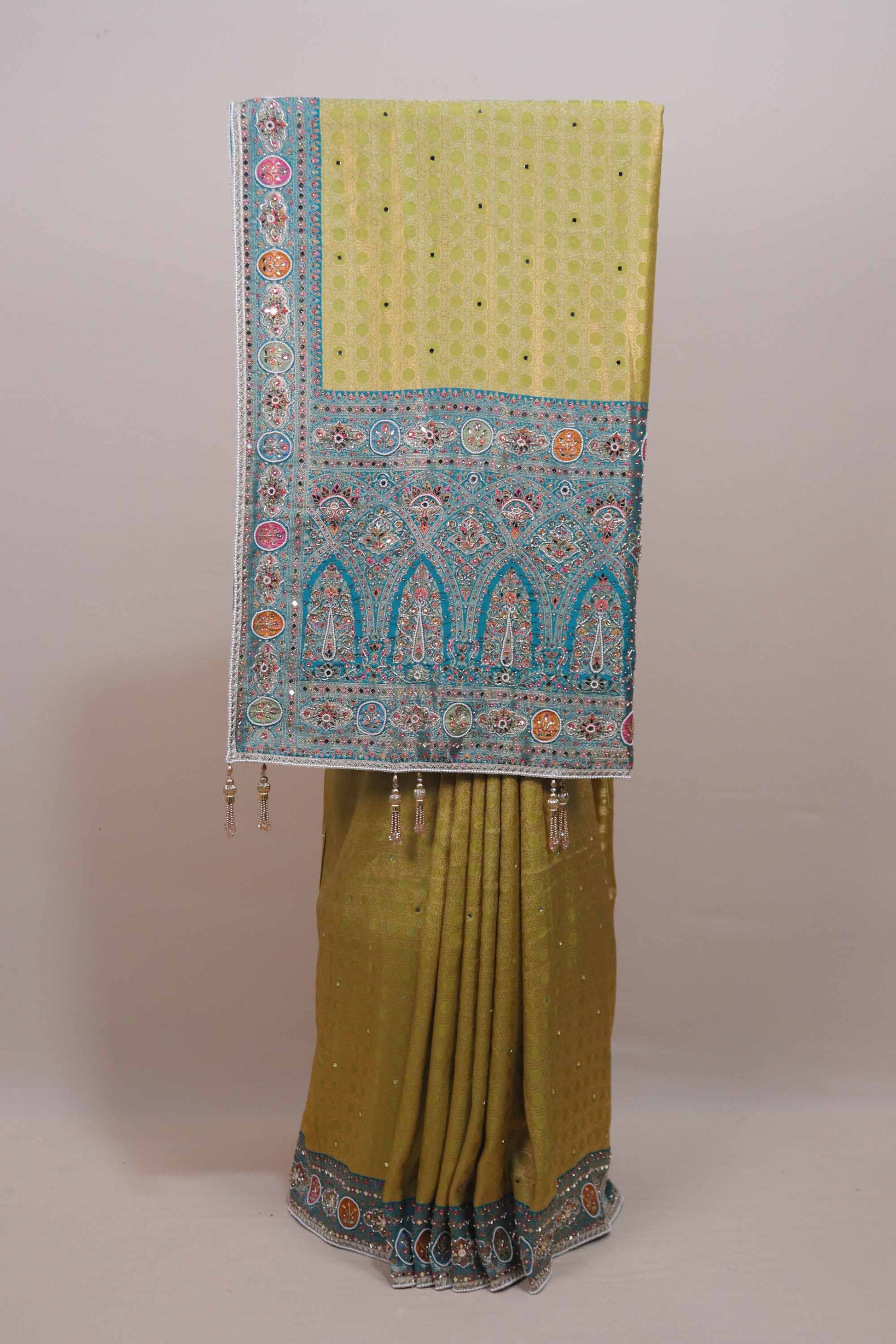 Mustard Yellow Turquoise Designer Silk Saree Heavy Embroidered Border 