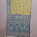 Mustard Yellow Turquoise Designer Silk Saree Heavy Embroidered Border