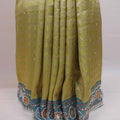 Mustard Yellow Turquoise Designer Silk Saree Heavy Embroidered Border