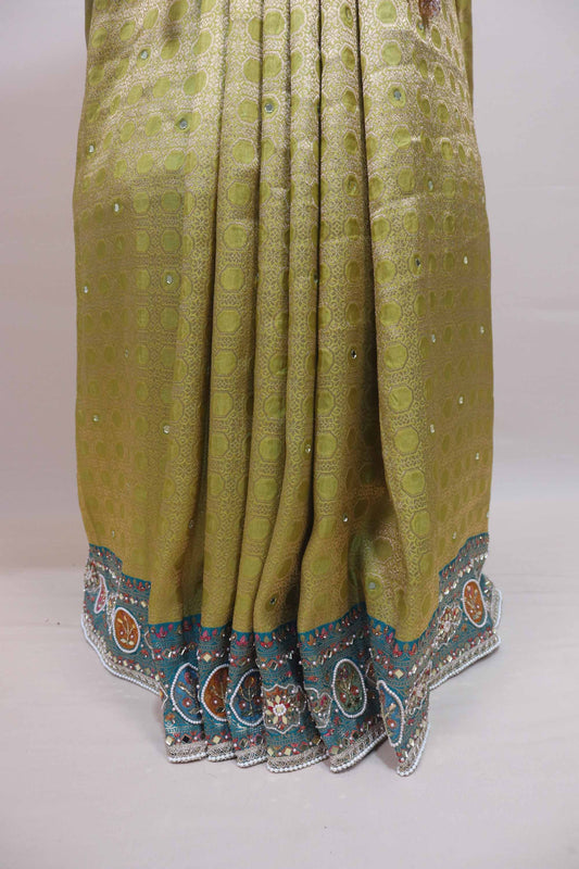 Mustard Yellow Turquoise Designer Silk Saree Heavy Embroidered Border