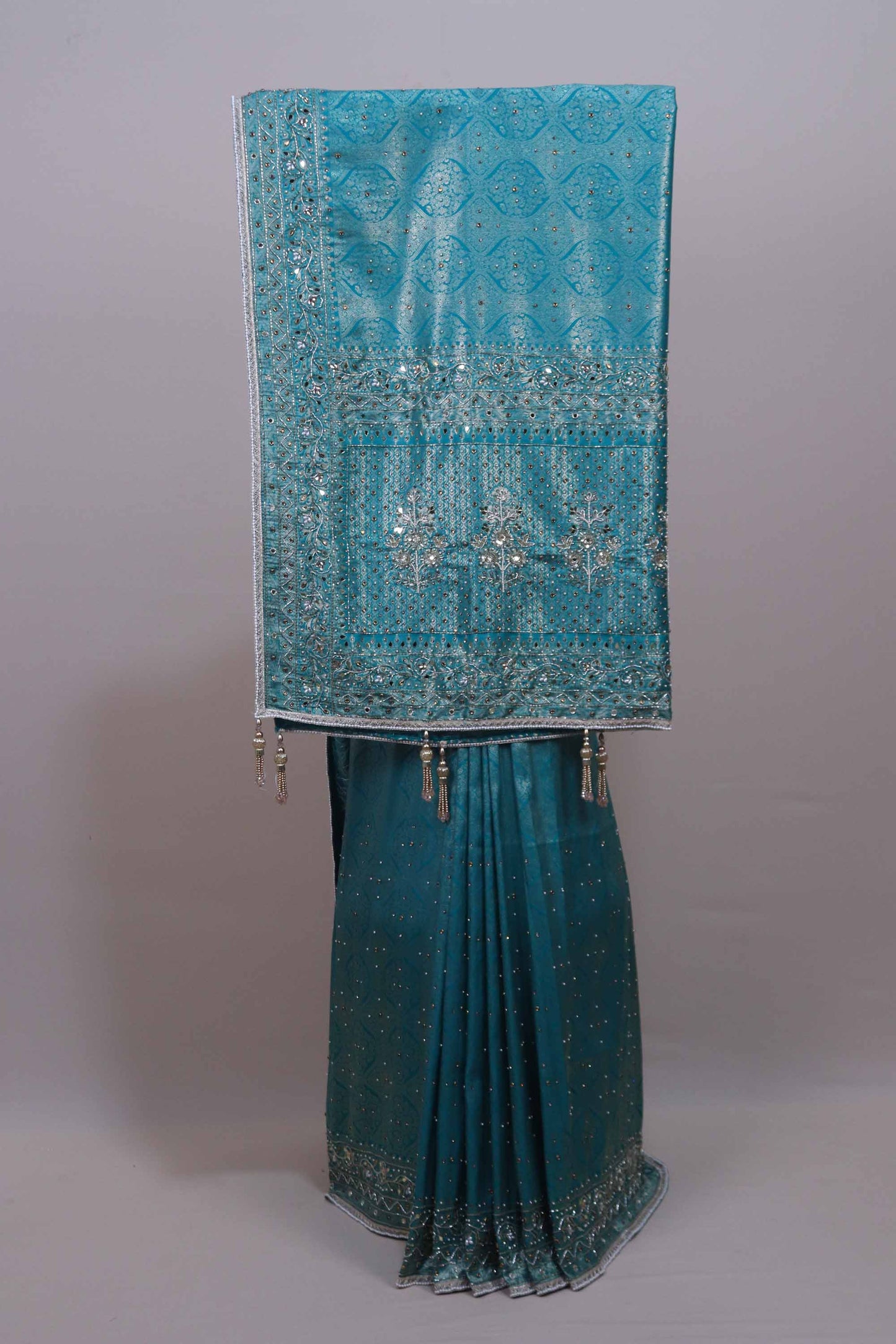 Teal Blue Designer Silk Saree Heavy Silver Embroidery tone Work Border 