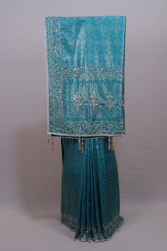 Teal Blue Designer Silk Saree Heavy Silver Embroidery tone Work Border 