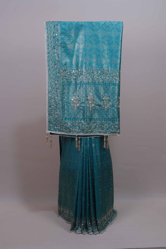 Teal Blue Designer Silk Saree Heavy Silver Embroidery tone Work Border