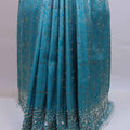 Teal Blue Designer Silk Saree Heavy Silver Embroidery tone Work Border