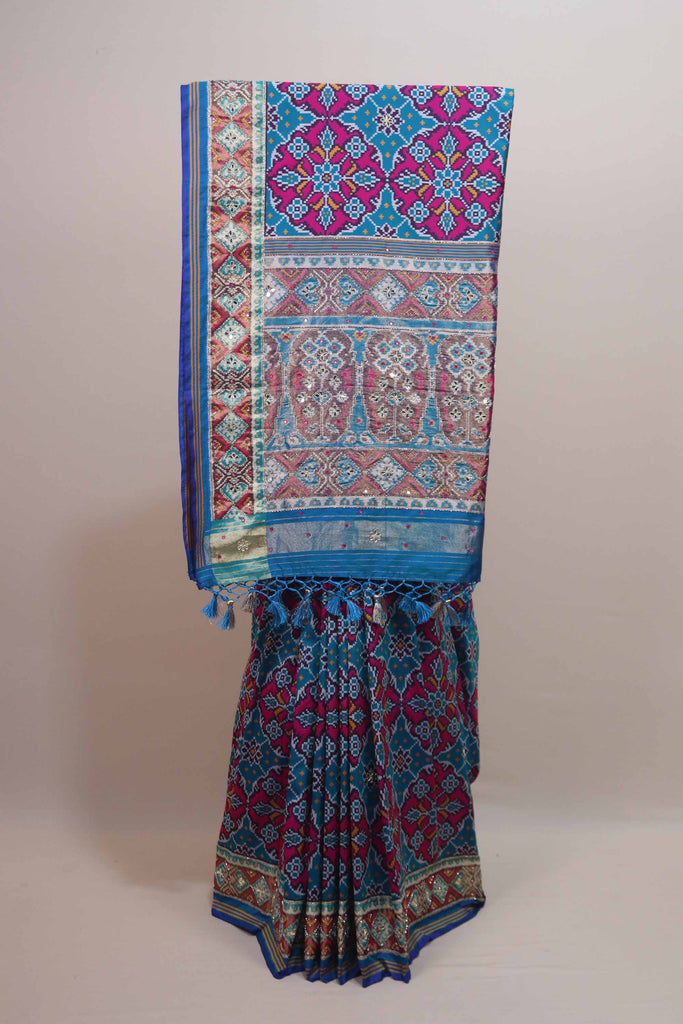 Blue Patola Print Silk Saree Multicolor Ikat Design Embroidered Border 