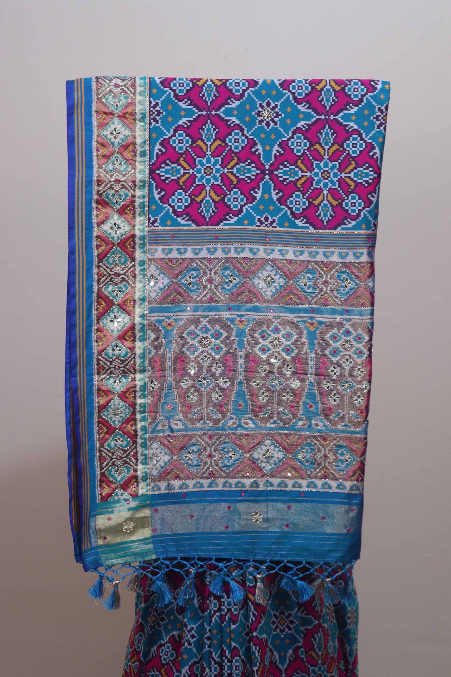 Blue Patola Print Silk Saree Multicolor Ikat Design Embroidered Border