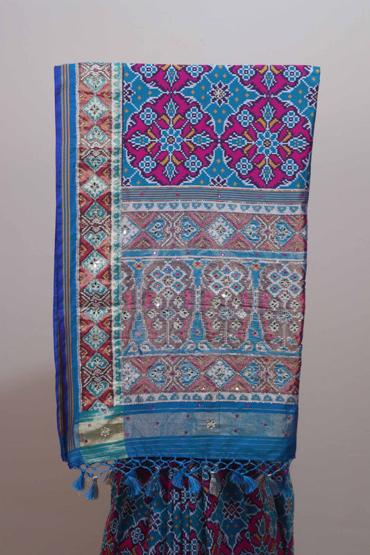 Blue Patola Print Silk Saree Multicolor Ikat Design Embroidered Border