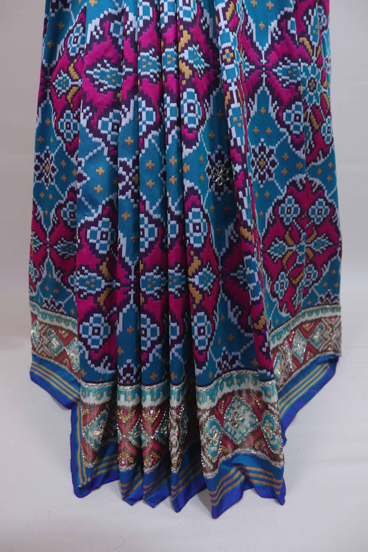 Blue Patola Print Silk Saree Multicolor Ikat Design Embroidered Border