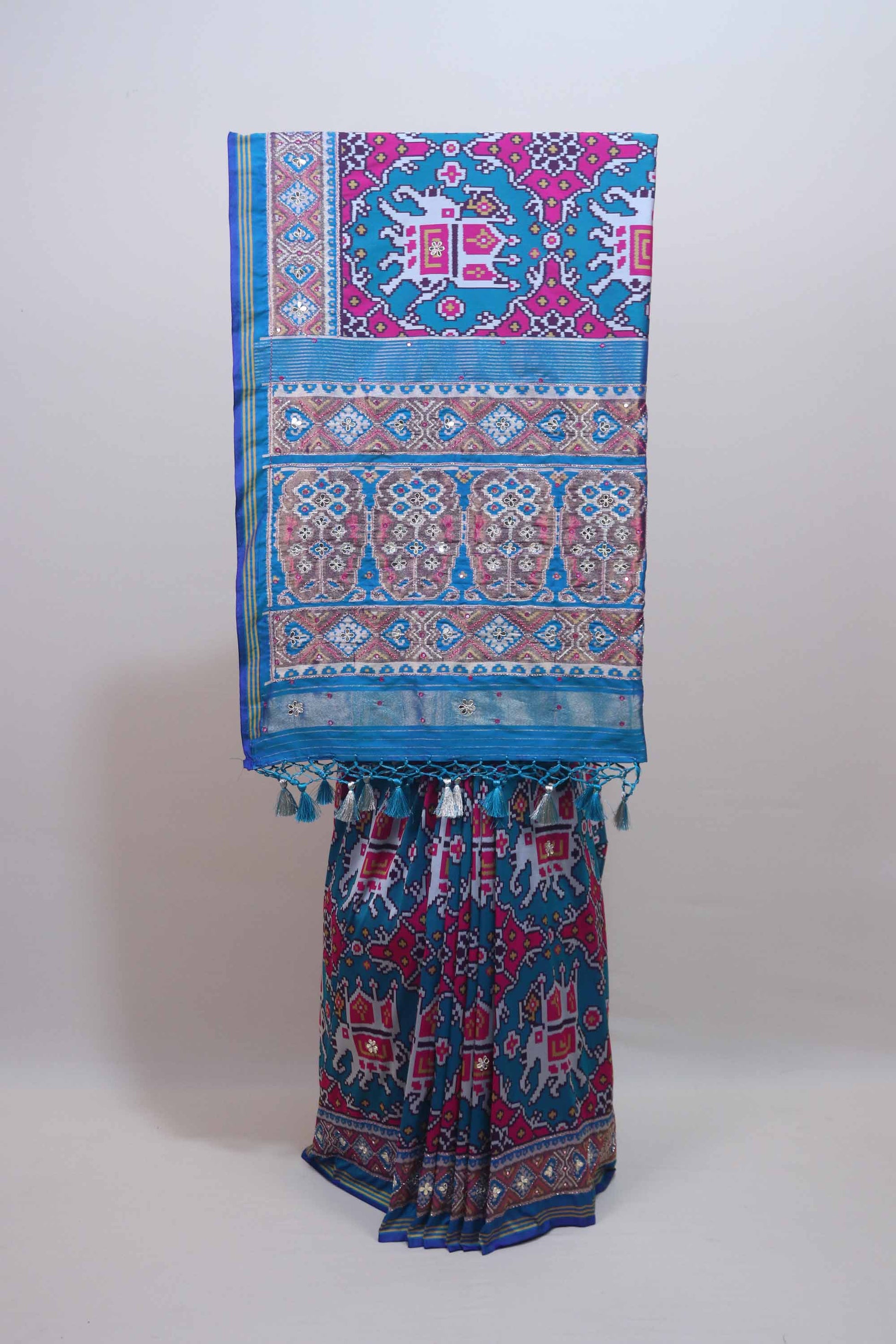 Traditional Blue Patola Print Saree with Elephant Design Decorative Tassels