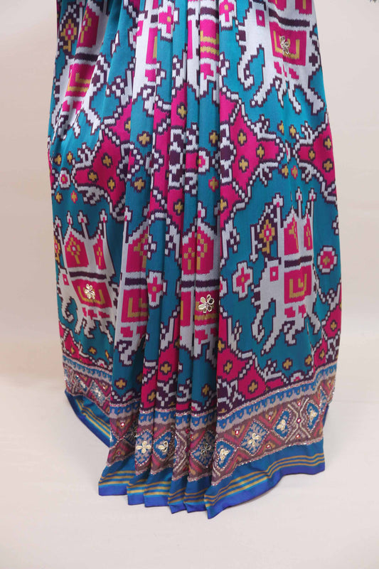 Traditional Blue Patola Print Saree with Elephant Design Decorative Tassels