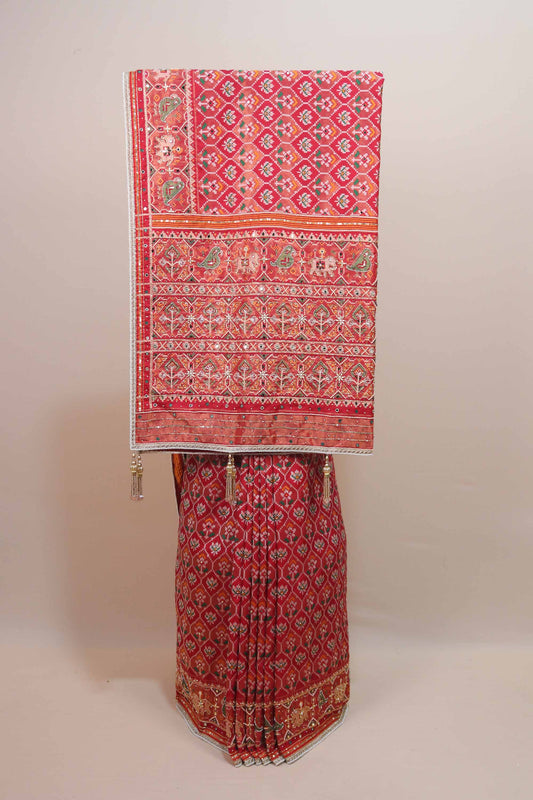 Red Patola Print Saree Elephant Peacock Motifs Traditional Saree 