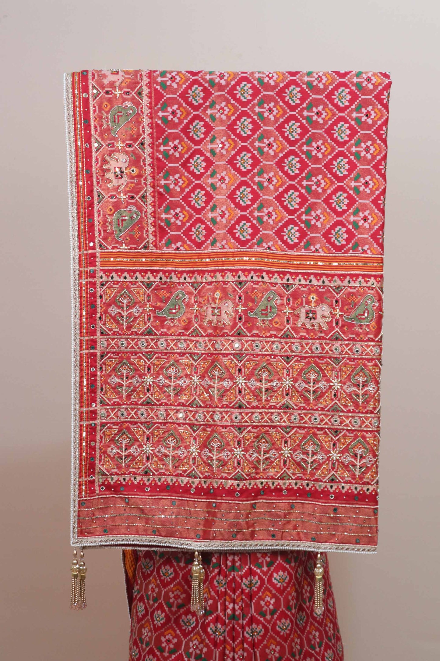 Red Patola Print Saree Elephant Peacock Motifs Traditional Saree