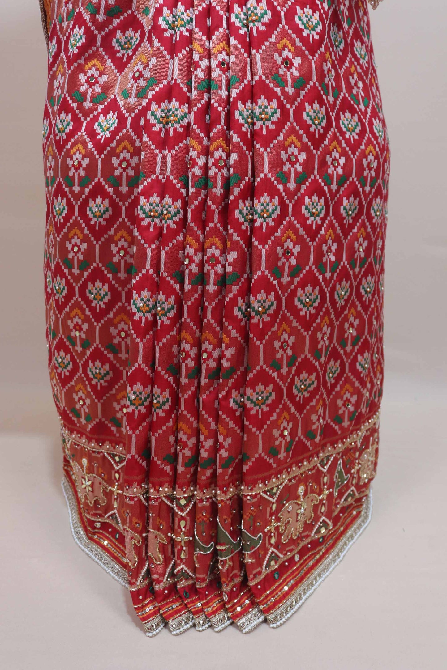 Red Patola Print Saree Elephant Peacock Motifs Traditional Saree