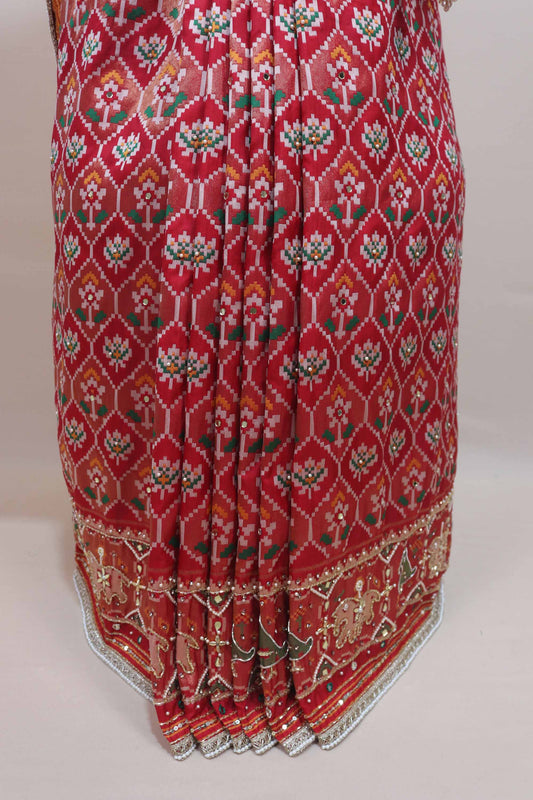 Red Patola Print Saree Elephant Peacock Motifs Traditional Saree