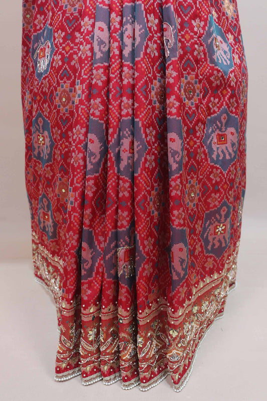 Red Patola Print Saree Elephant Motifs Traditional Saree