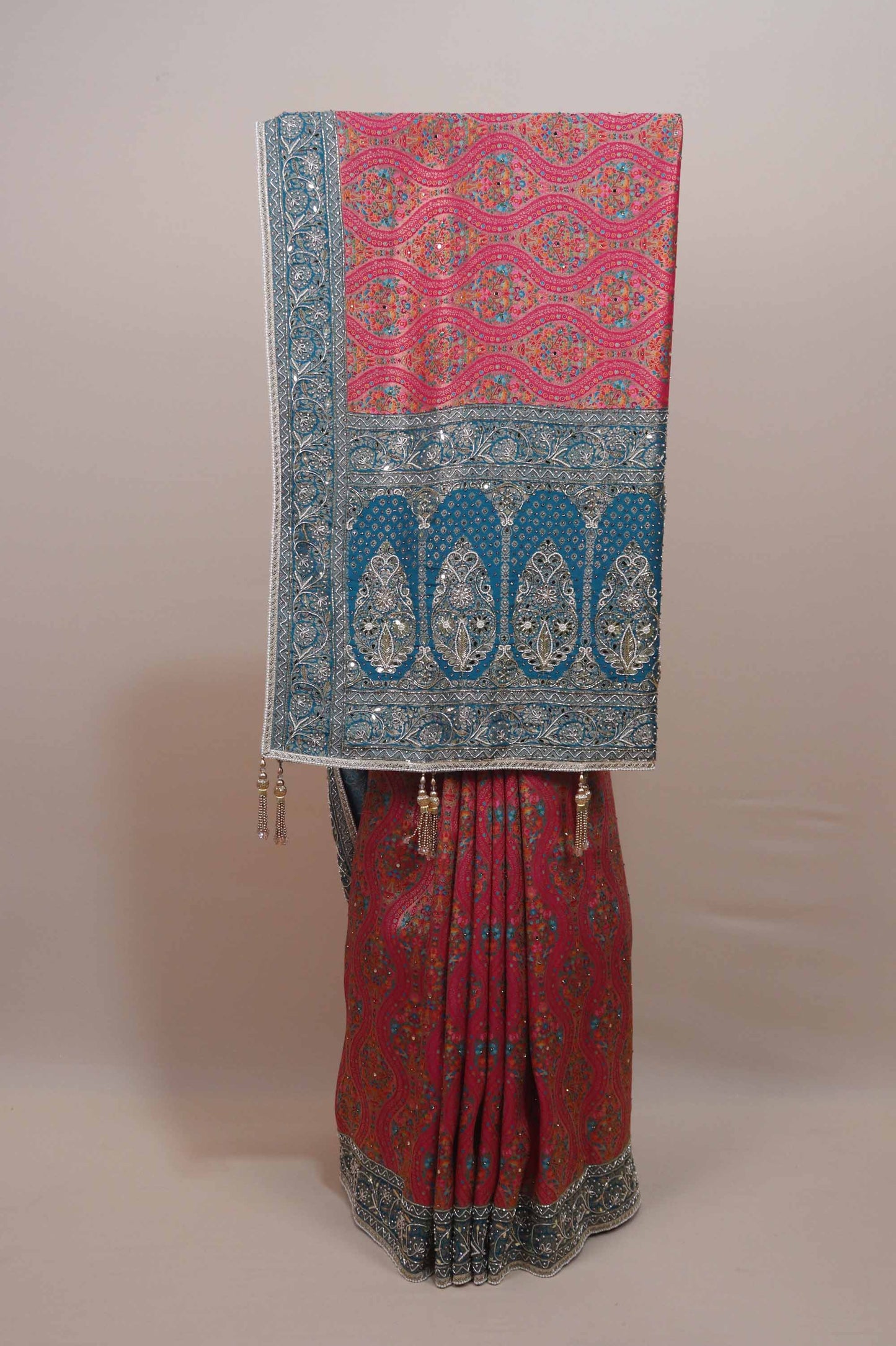 Pink Teal Patola Print Saree with Designer Border Traditional Saree