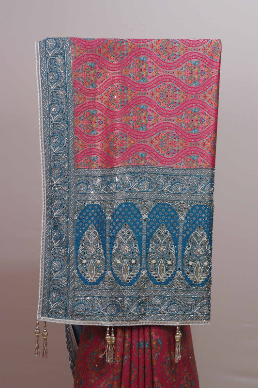 Pink Teal Patola Print Saree with Designer Border Traditional Saree
