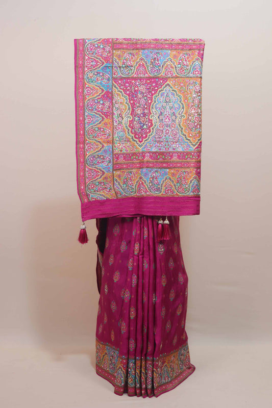 Magenta Printed Silk Saree with Traditional Paisley Design Rich Pallu