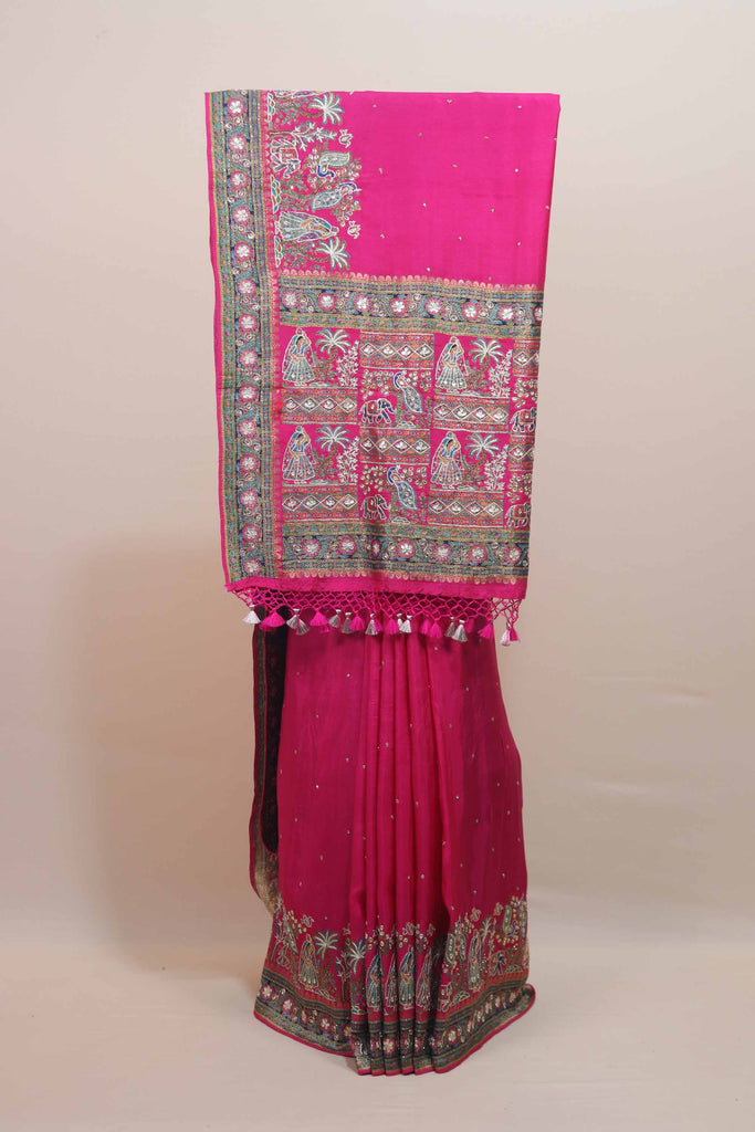 Pink Traditional Printed Silk Saree with Ethnic Motifs Designer Pallu