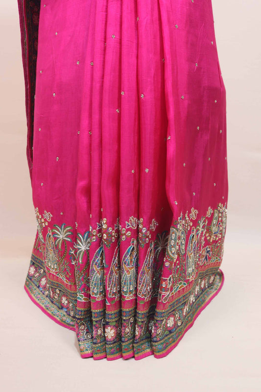 Pink Traditional Printed Silk Saree with Ethnic Motifs Designer Pallu