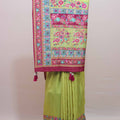 Lime Green Floral Printed Saree with Pink Border Tassel Pallu