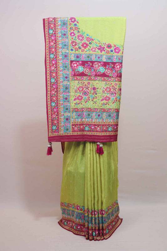 Lime Green Floral Printed Saree with Pink Border Tassel Pallu
