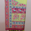 Lime Green Floral Printed Saree with Pink Border Tassel Pallu