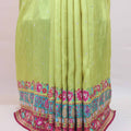 Lime Green Floral Printed Saree with Pink Border Tassel Pallu
