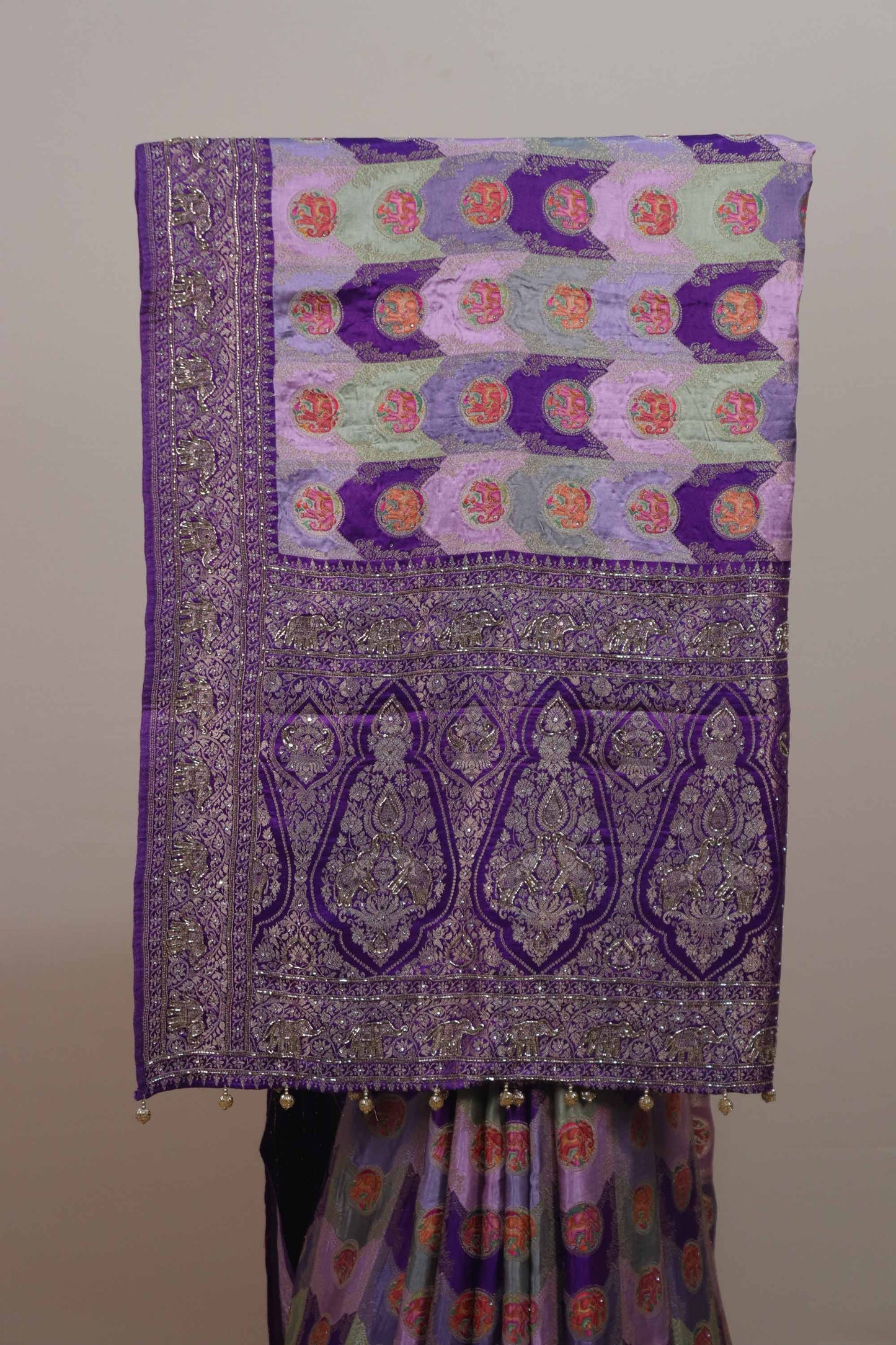 Purple Banarasi Style Silk Saree with Silver Zari Border