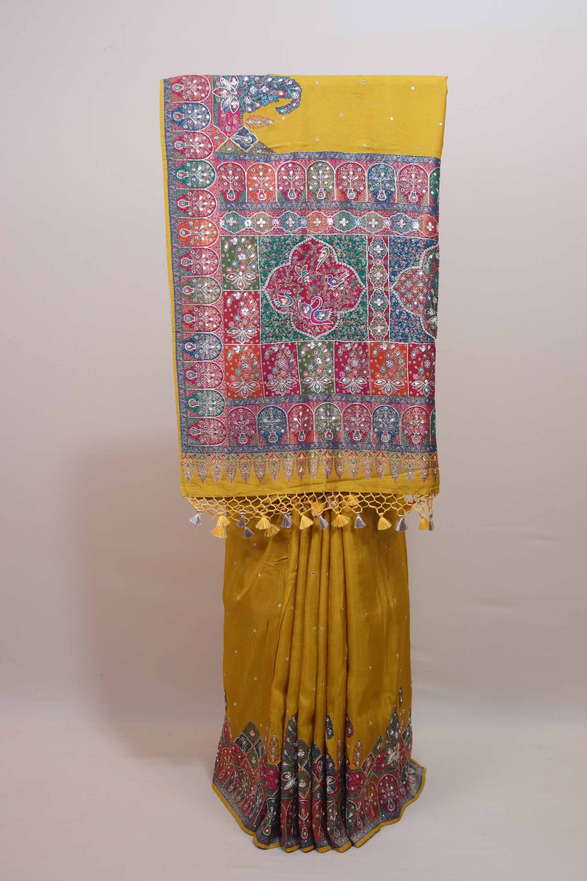 Mustard Yellow Printed Saree Multicolor Traditional Pallu Tassel Border