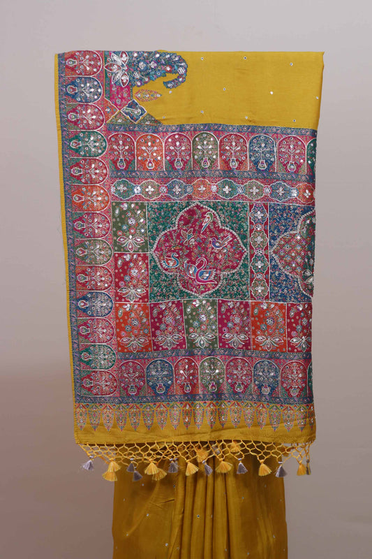 Mustard Yellow Printed Saree Multicolor Traditional Pallu Tassel Border