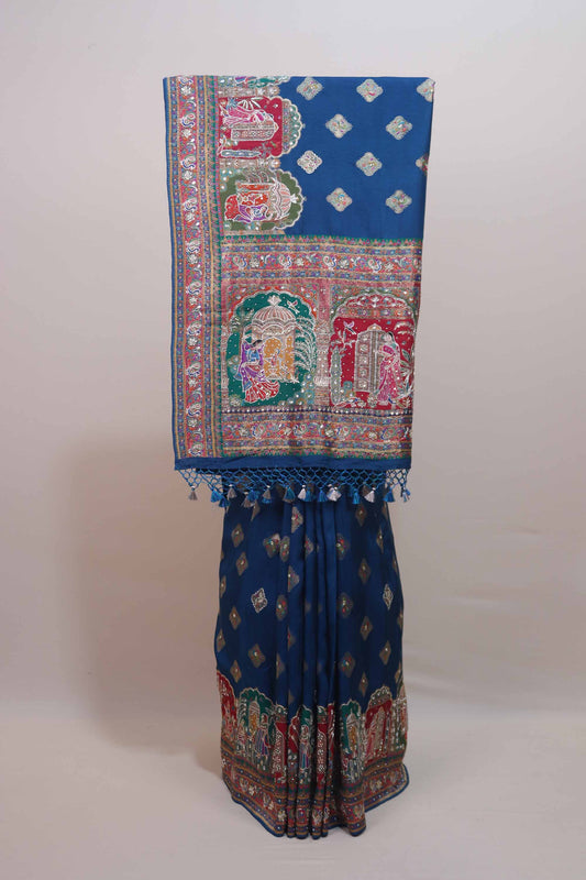 Royal Blue Designer Printed Saree Traditional Ethnic Pallu Tassel Border