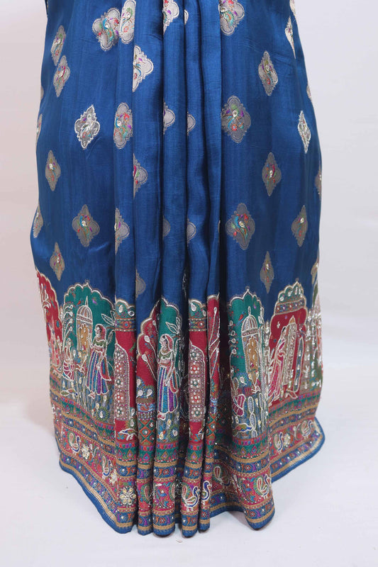 Royal Blue Designer Printed Saree Traditional Ethnic Pallu Tassel Border