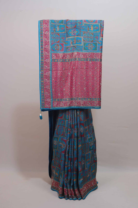 Turquoise Blue Pink Parsi Gara Embroidered Saree Elephant Peacock Motifs