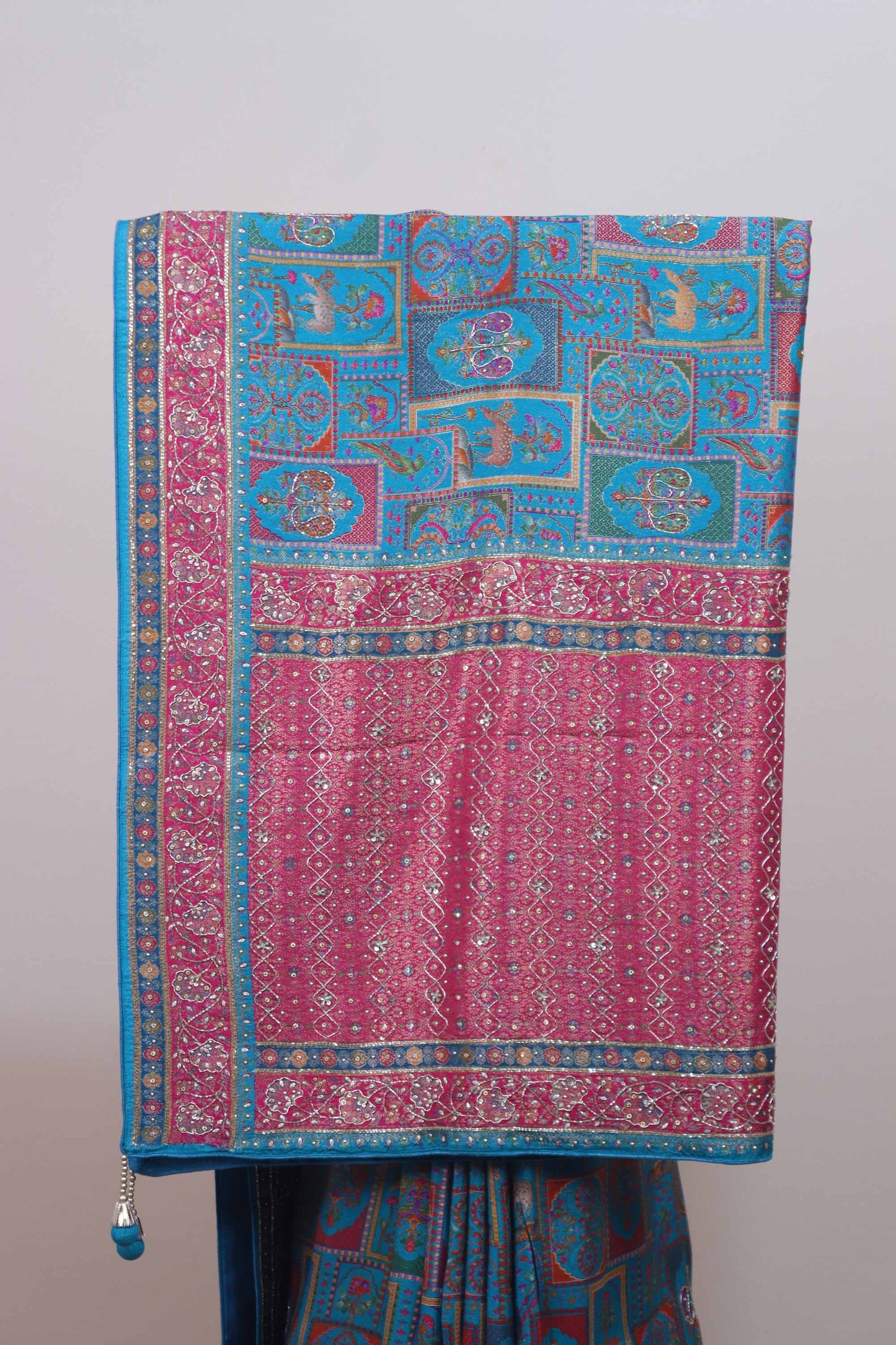 Turquoise Blue Pink Parsi Gara Embroidered Saree Elephant Peacock Motifs