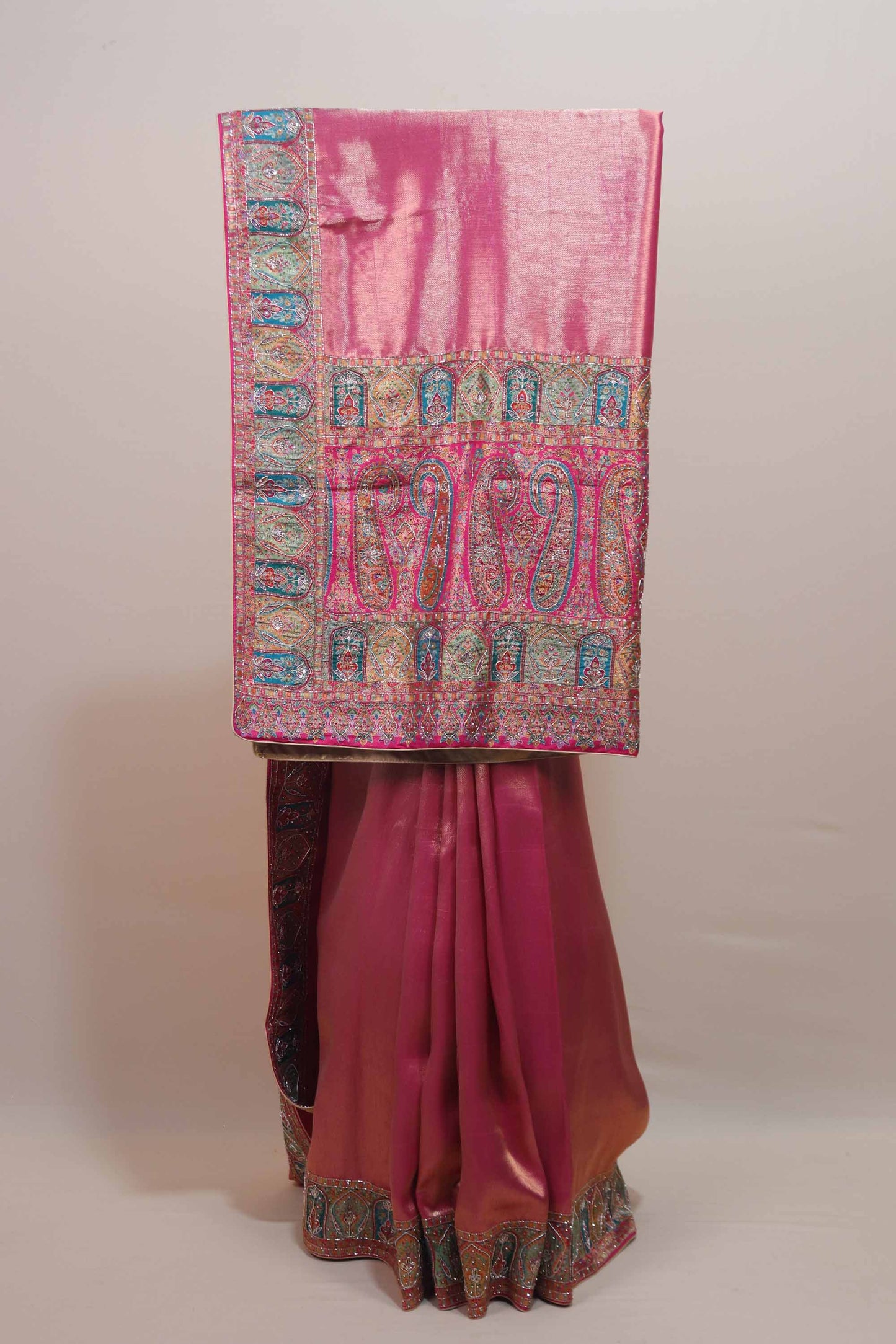 Rani Pink Designer Parsi Gara Embroidered Saree Paisley Floral Border