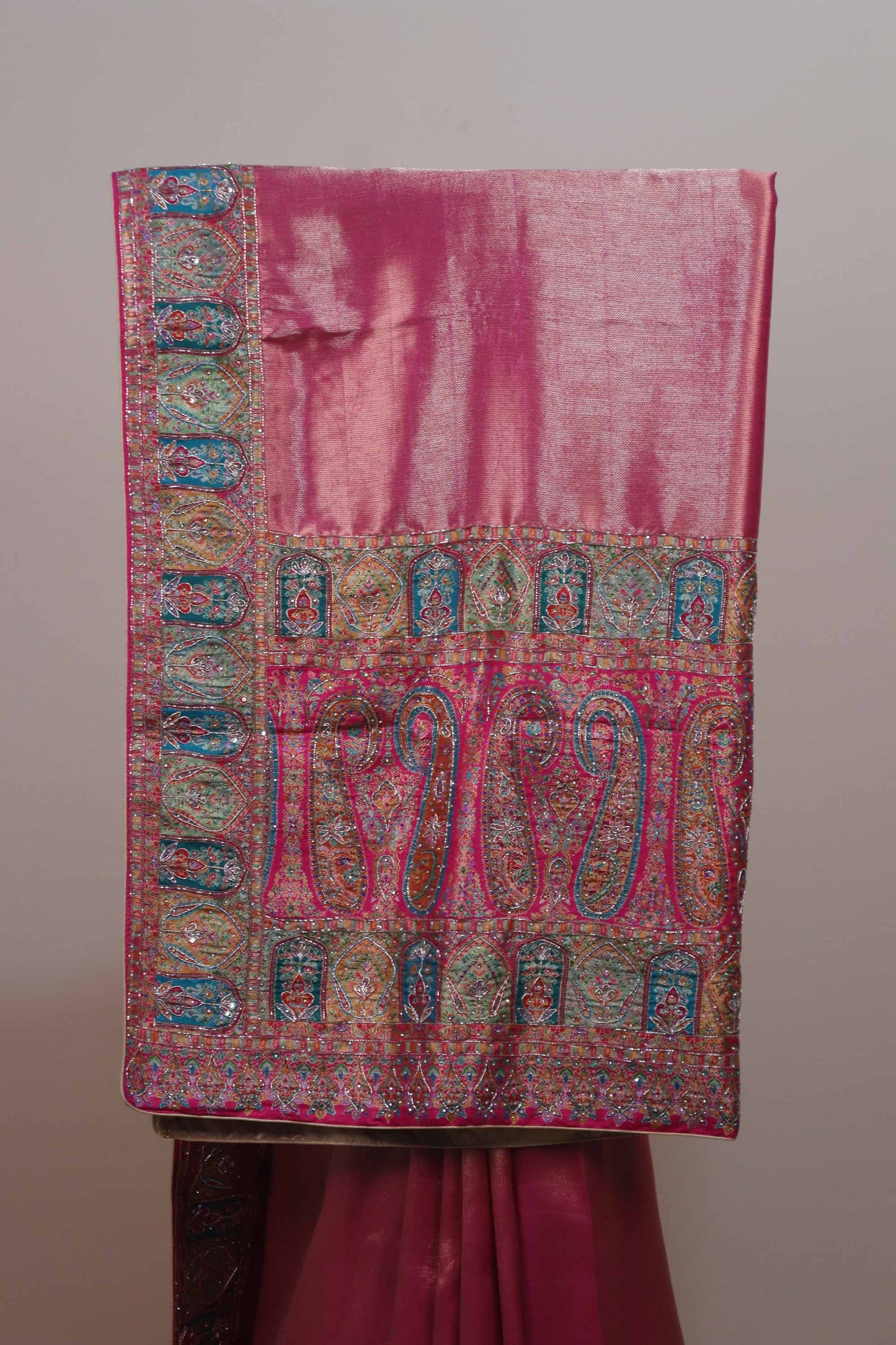 Rani Pink Designer Parsi Gara Embroidered Saree Paisley Floral Border