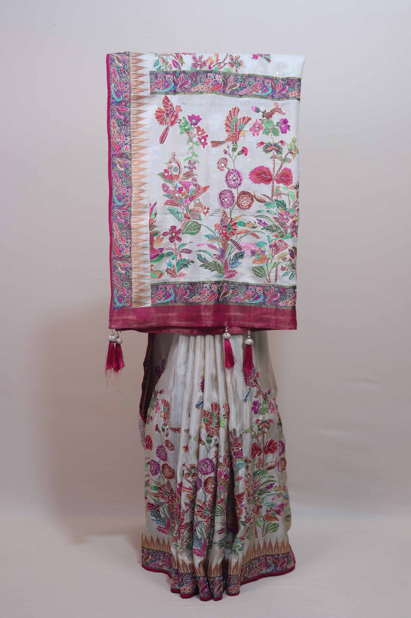 Ivory White Designer Parsi Gara Embroidered Saree Floral Motifs