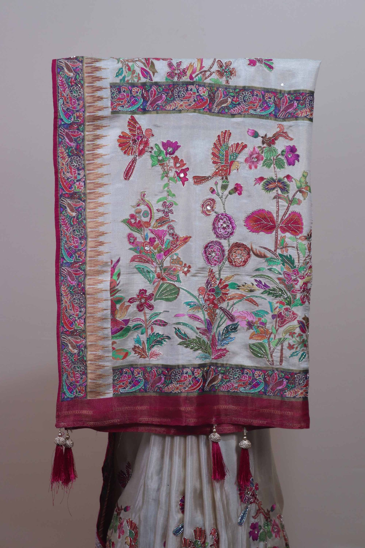 Ivory White Designer Parsi Gara Embroidered Saree Floral Motifs