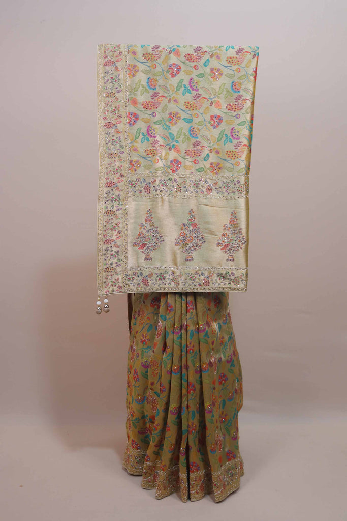 Beige Gold Designer Parsi Gara Embroidered Saree Floral Motifs