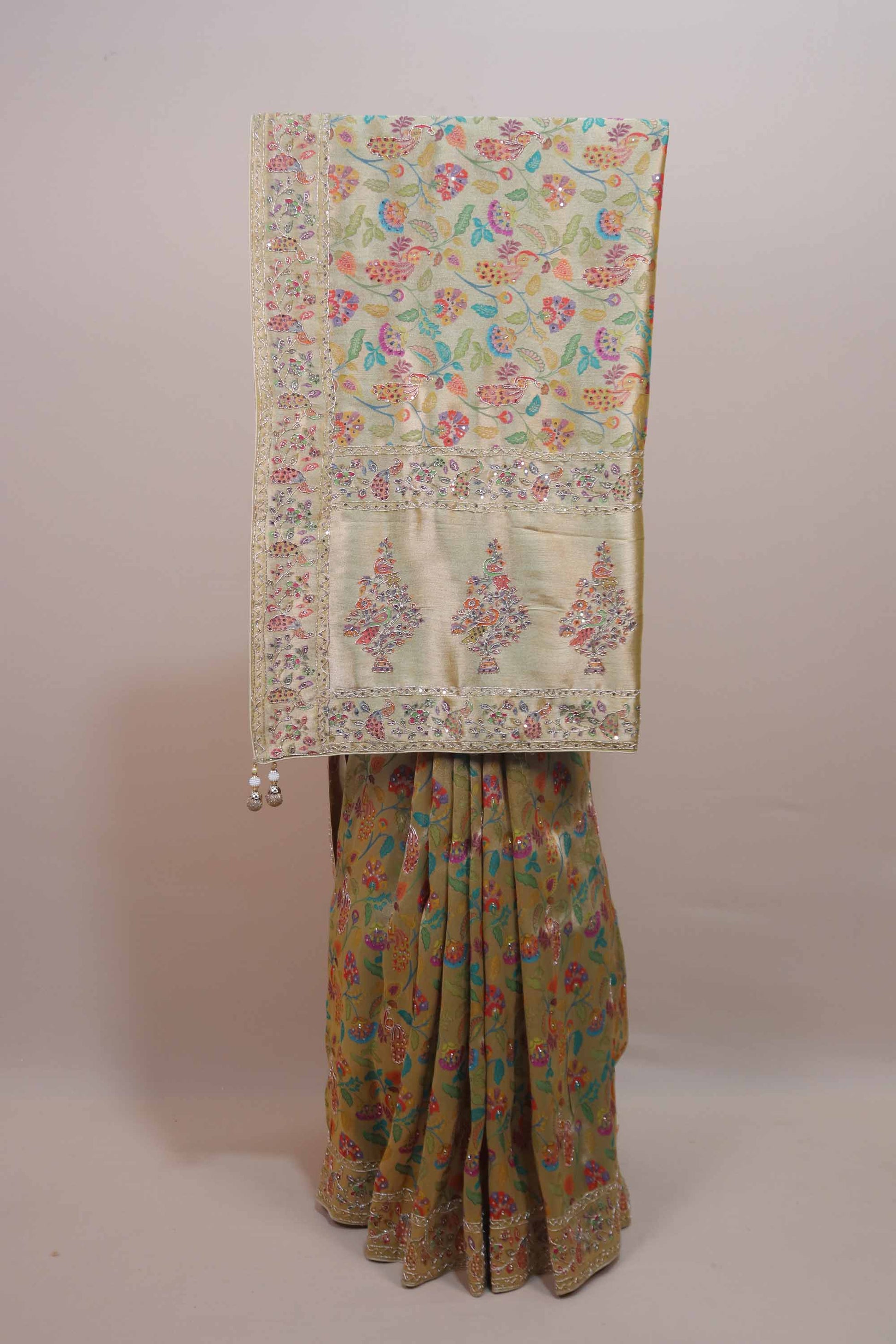 Beige Gold Designer Parsi Gara Embroidered Saree Floral Motifs