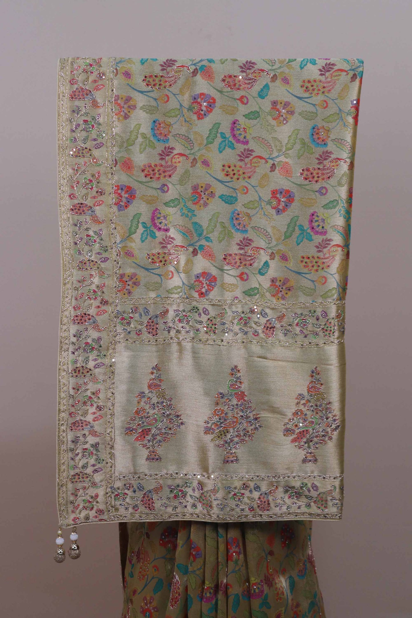 Beige Gold Designer Parsi Gara Embroidered Saree Floral Motifs