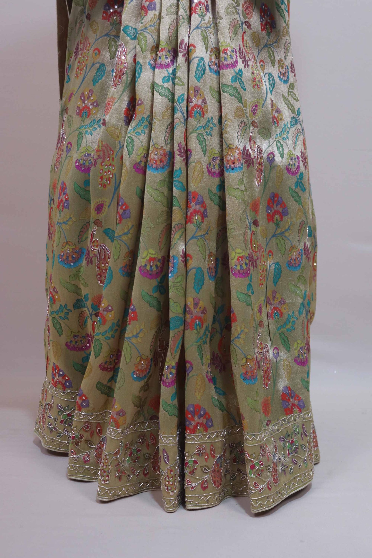 Beige Gold Designer Parsi Gara Embroidered Saree Floral Motifs