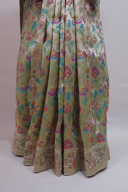 Beige Gold Designer Parsi Gara Embroidered Saree Floral Motifs