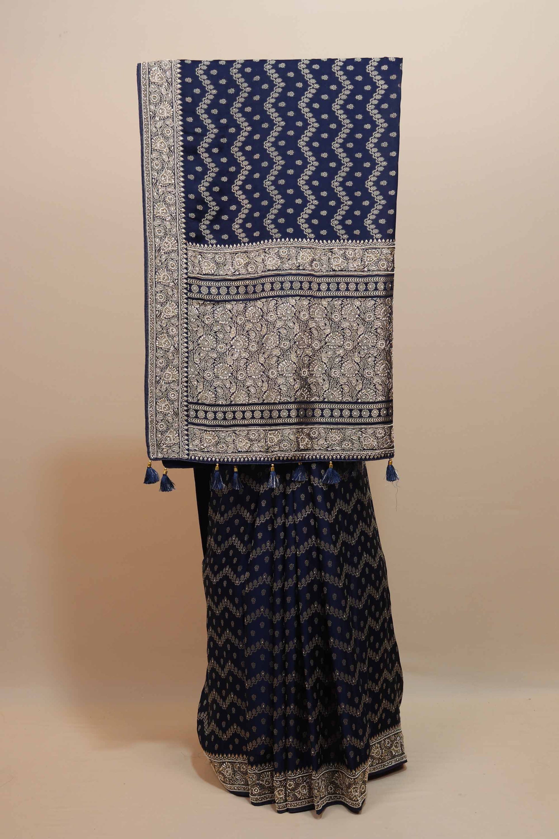 Navy Blue Banarasi Silk Saree Silver Zari Weaving Zigzag Buta Rich Border