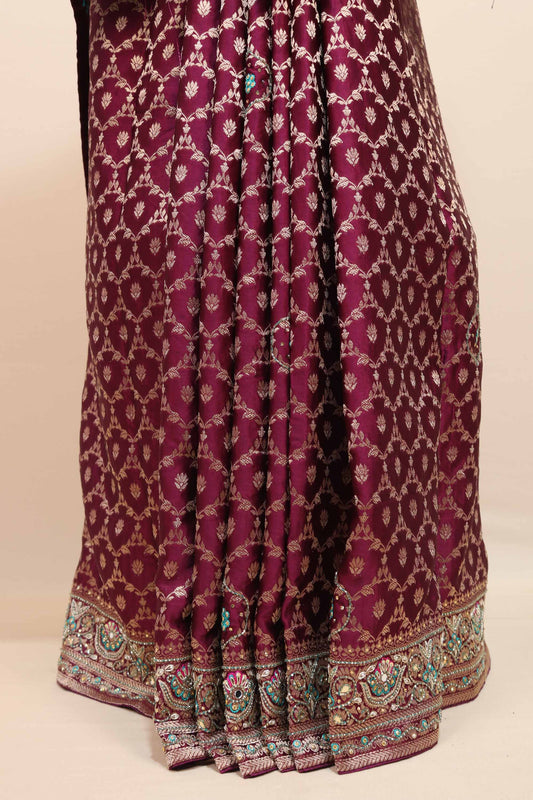 Maroon Banarasi Silk Saree Zari Weaving Floral Motifs Designer Pallu
