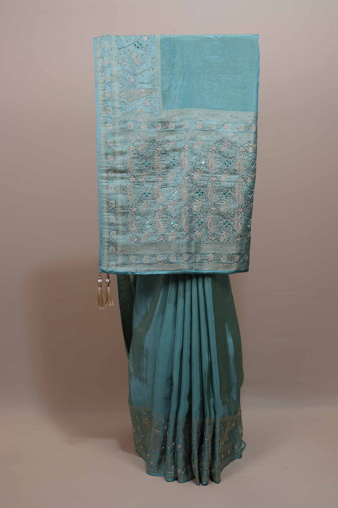 Sky Blue Banarasi Silk Saree Silver Zari Embroidery Floral Motifs