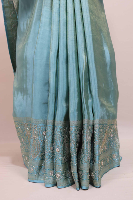 Sky Blue Banarasi Silk Saree Silver Zari Embroidery Floral Motifs