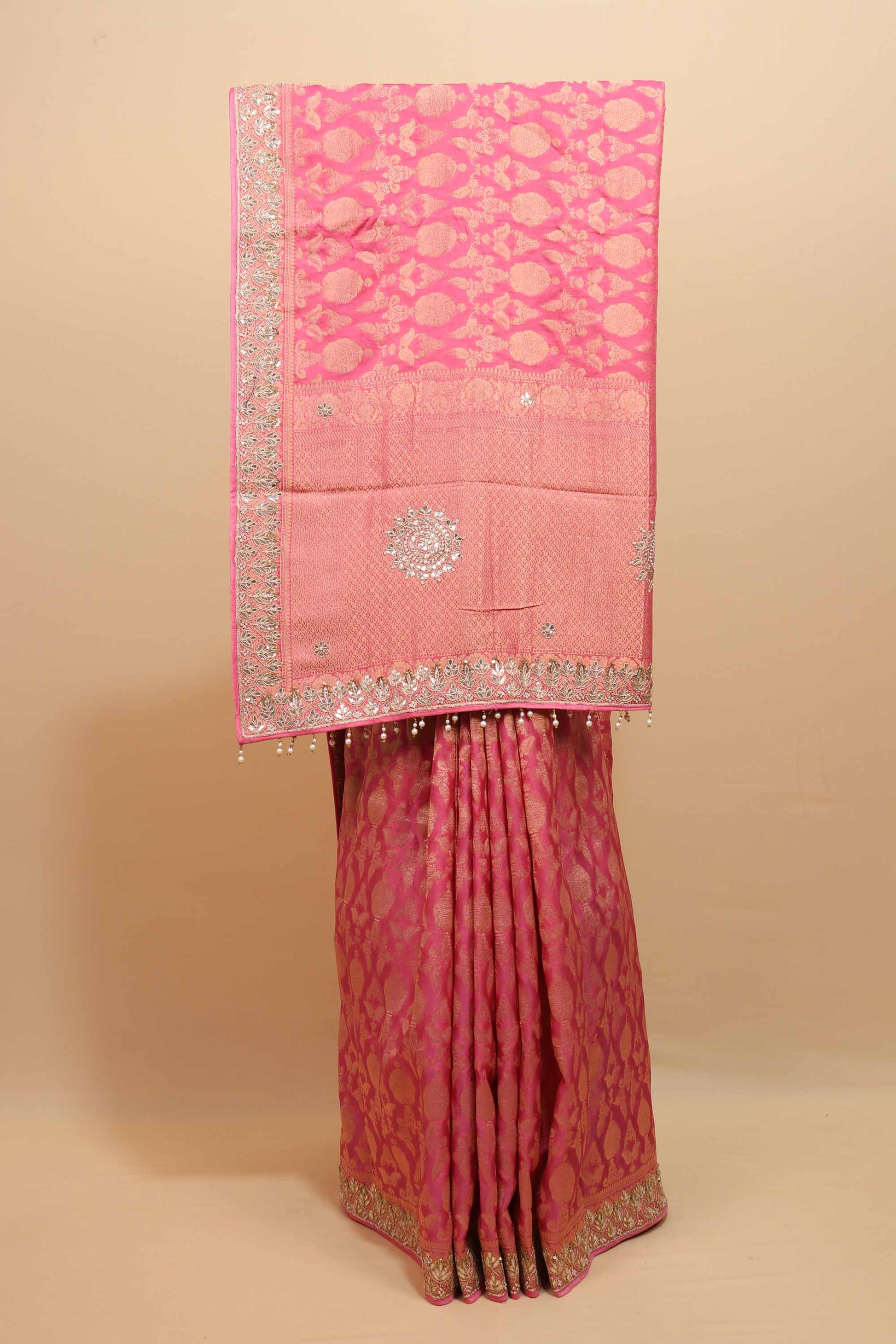 Rani Pink Banarasi Silk Saree with Gold Zari Weaving Floral Motifs