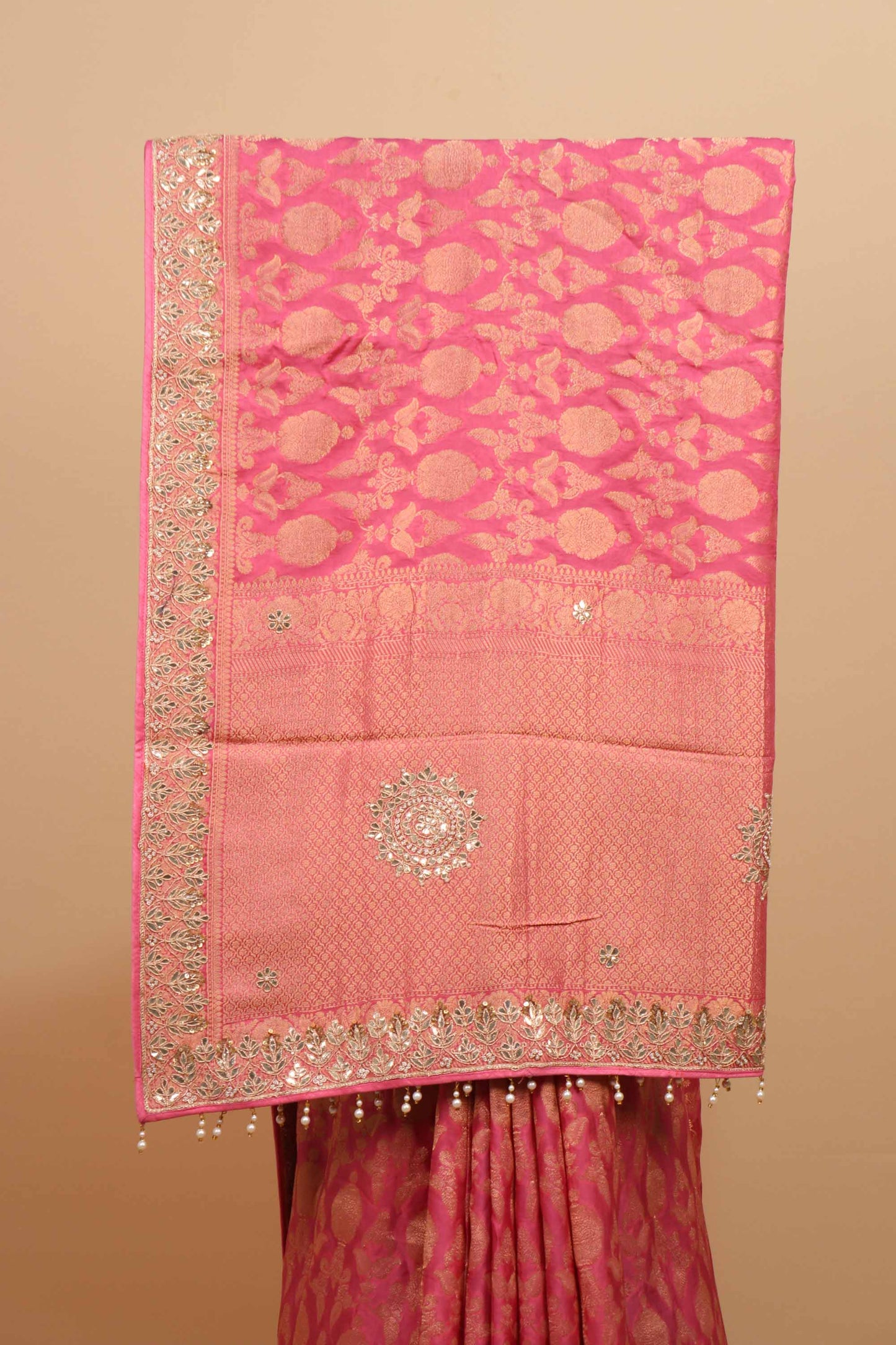 Rani Pink Banarasi Silk Saree with Gold Zari Weaving Floral Motifs